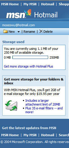 Hotmail 250MB Storage Space Free Users